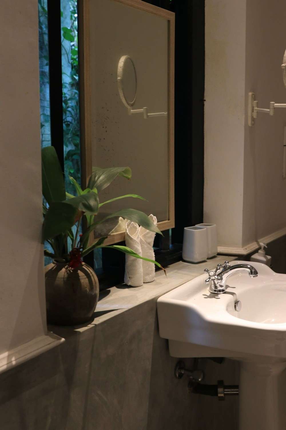A white basin and a plant on a whitewashed ledge, beside a window onto green leaves.
