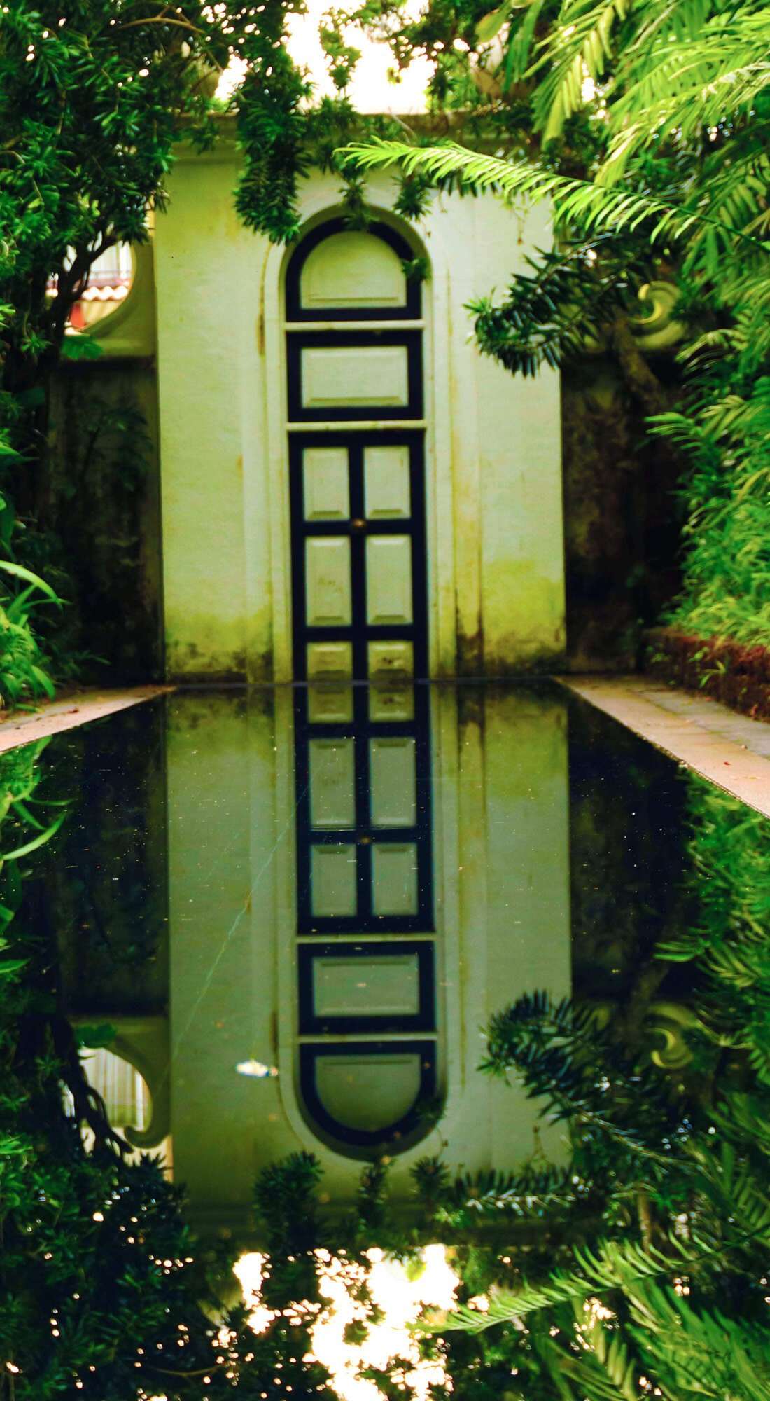 A long still pool reflecting a whitewashed wall and its tall, arched green door, between banks of ferns.