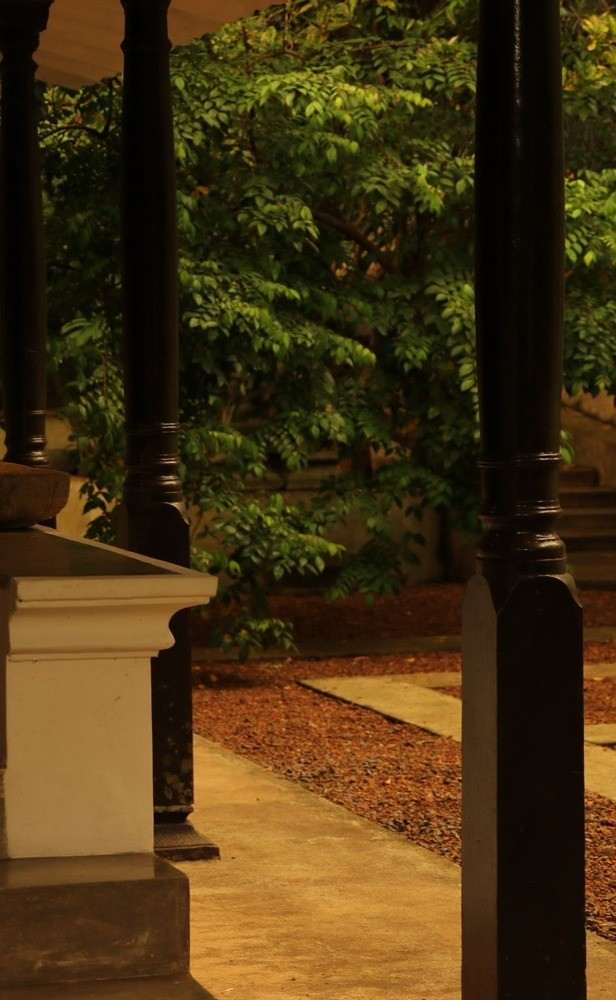 A shaded veranda of dark timber columns and white plinths, looking out to the garden.