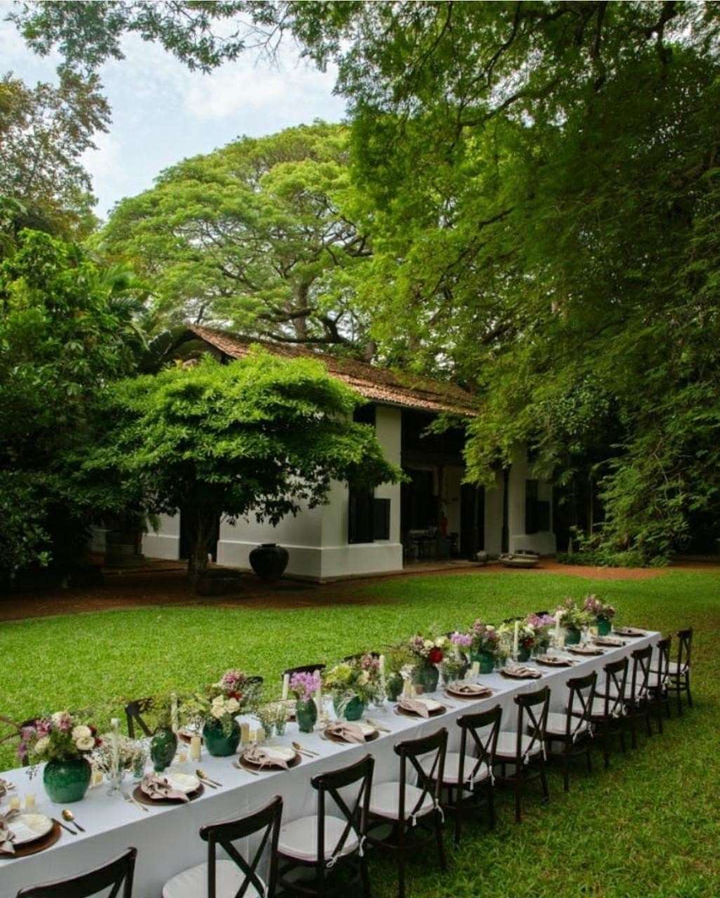 A long dinner table laid on the lawn in front of the whitewashed house, under big trees.